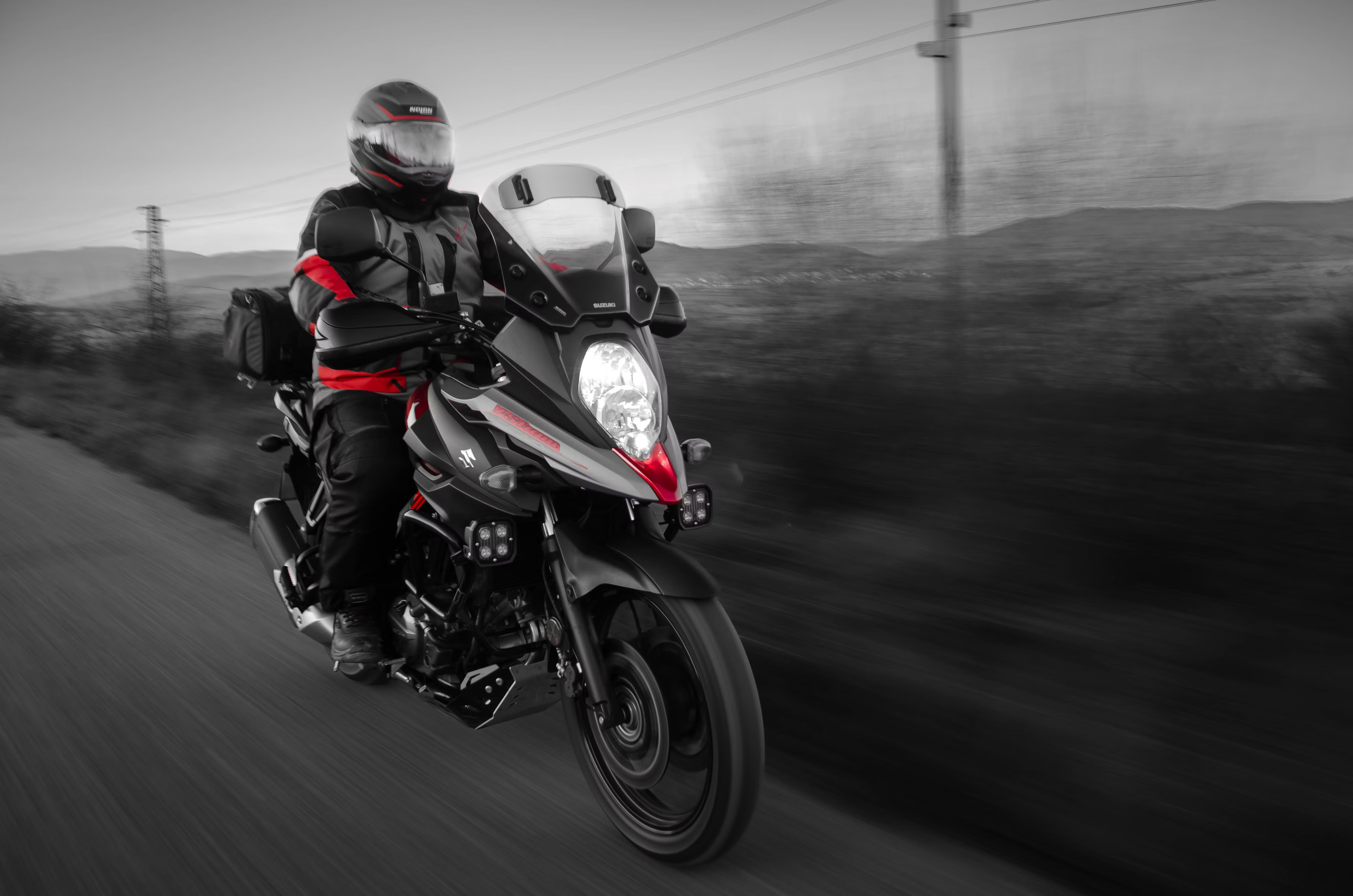 Motorcyclist riding a sport touring bike with RideShield protective gear