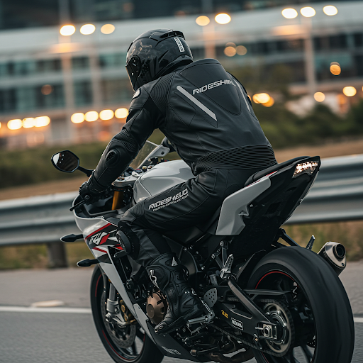 Rider in RideShield jacket on sport bike at dusk