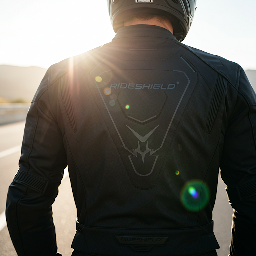 Back view of RideShield jacket with sun flare