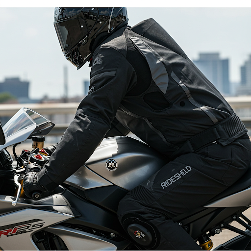 Side view of rider in RideShield touring jacket